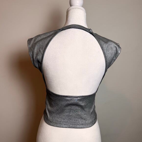 Zara Silver Foil Rib Open Back T-Shirt - Size S - Picture 3 of 7
